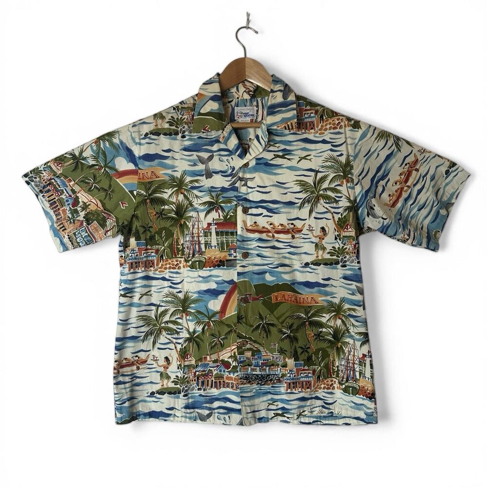 VTG 90s Reyn Spooner Hawaiian Traditionals Shirt L Lahaina Whales Bikini Girl